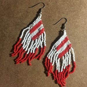Beaded Dangle Earrings Red & White Sz. 4”